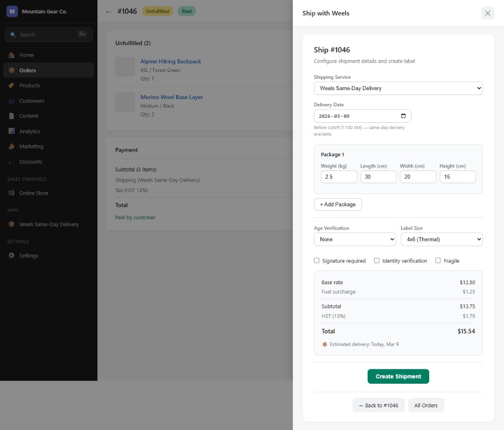 Weels Shopify App — In-Order Ship Modal