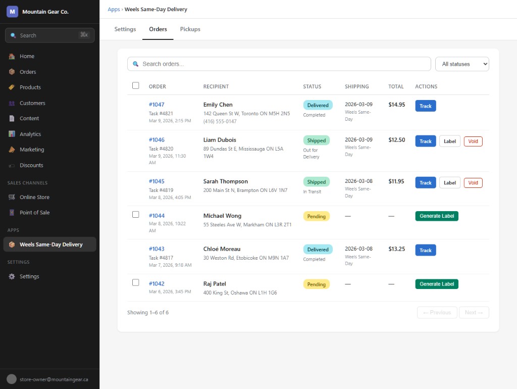Weels Shopify App — Orders