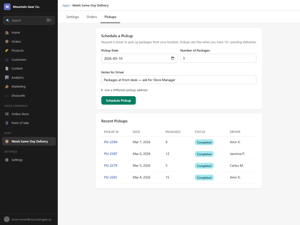 Weels Shopify App — Pickups