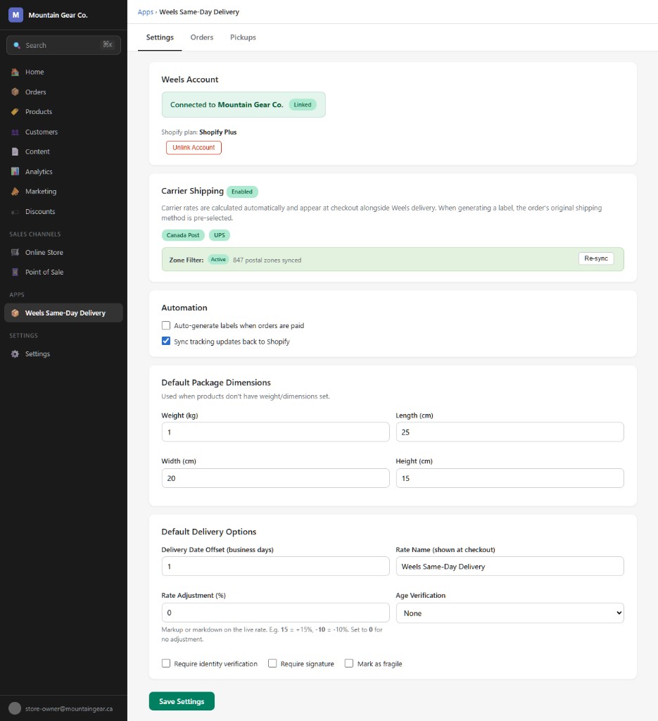 Weels Shopify App — Settings (Plus / Advanced)