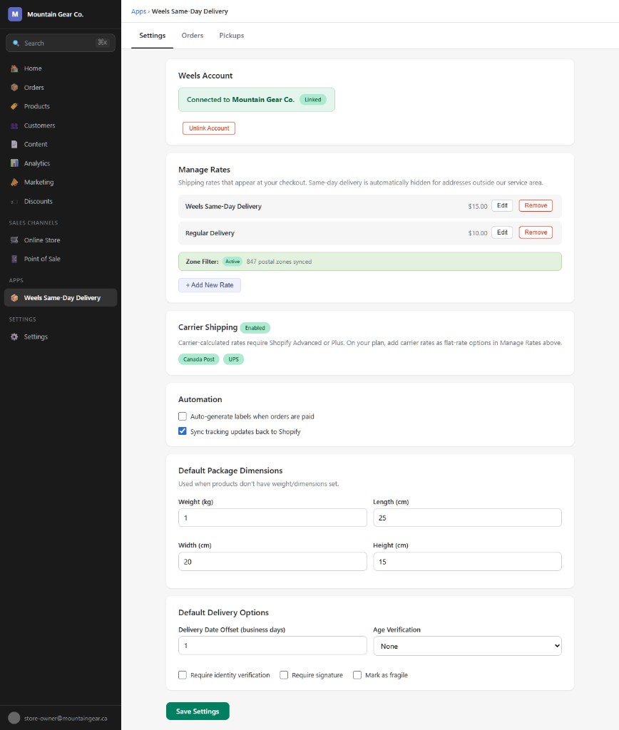 Weels Shopify App — Settings (Basic/Grow)