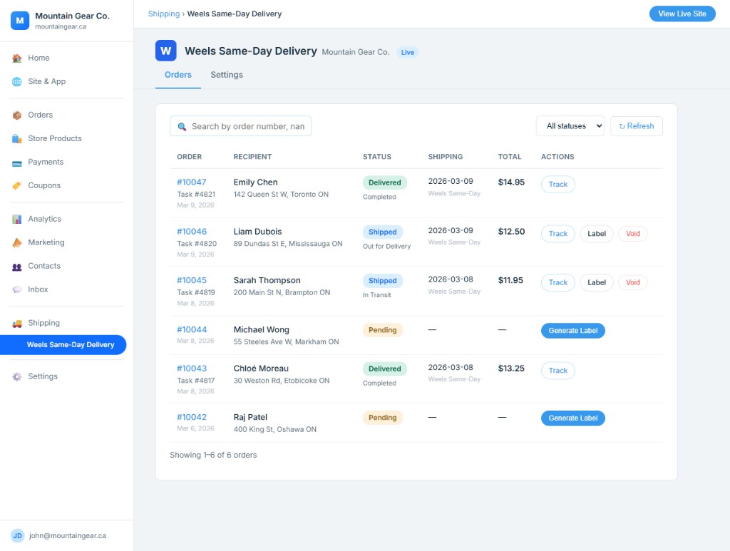 Weels Wix App — Orders
