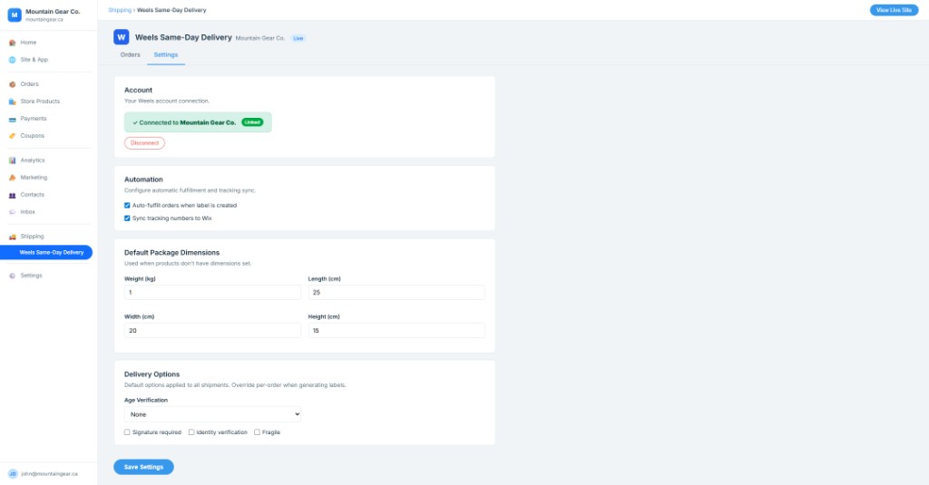 Weels Wix App — Settings