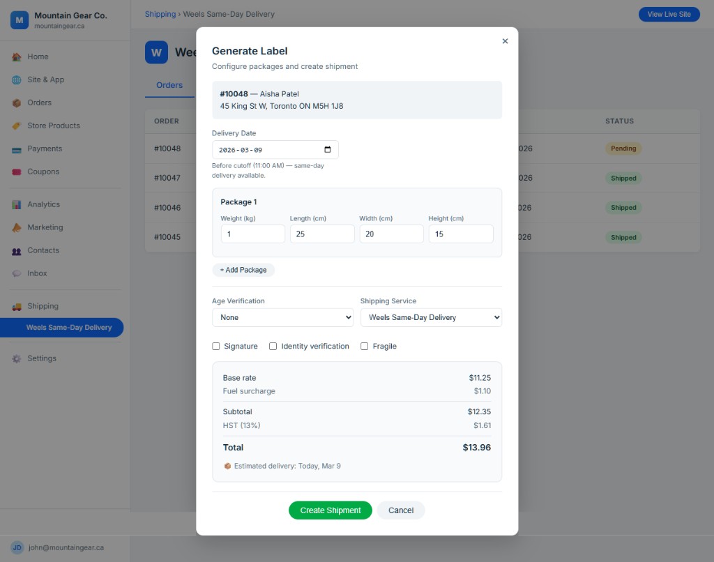 Weels Wix App — Ship Dialog