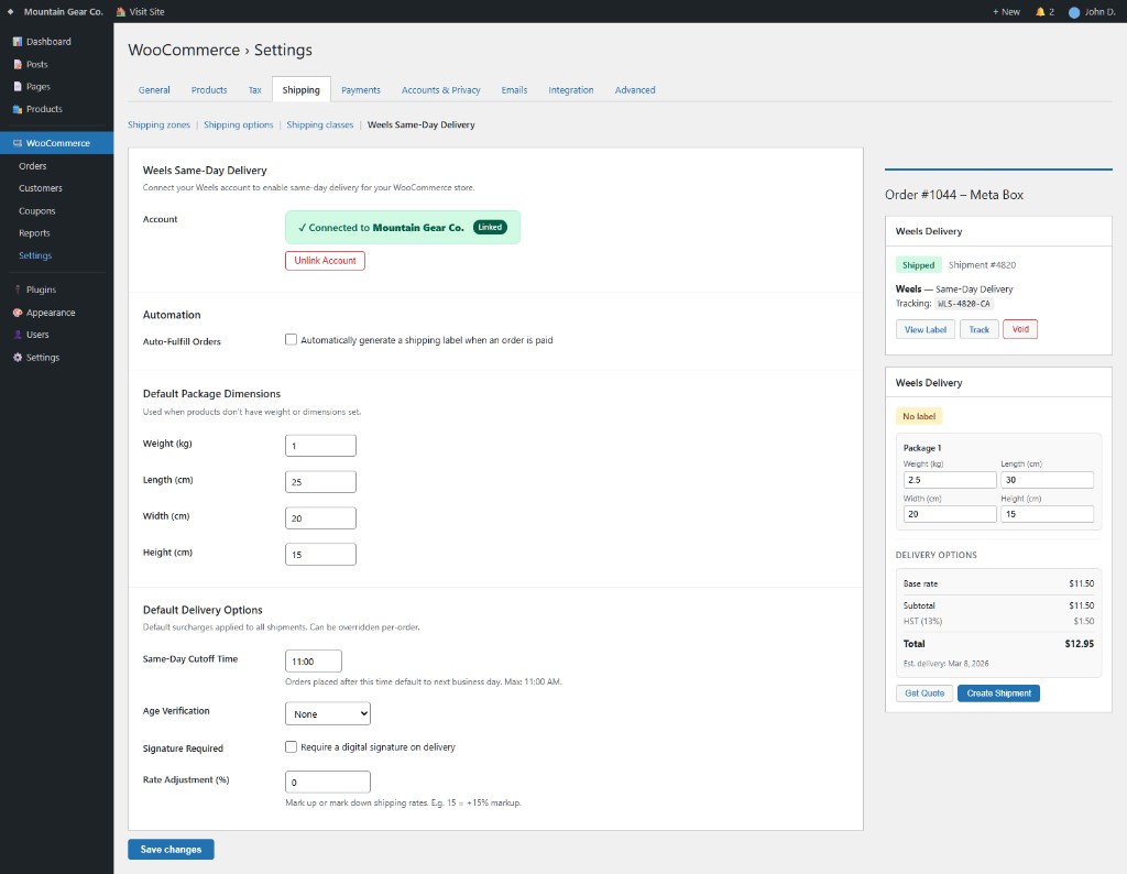 WooCommerce Settings — Weels Same-Day Delivery